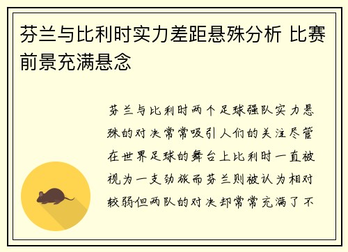 芬兰与比利时实力差距悬殊分析 比赛前景充满悬念