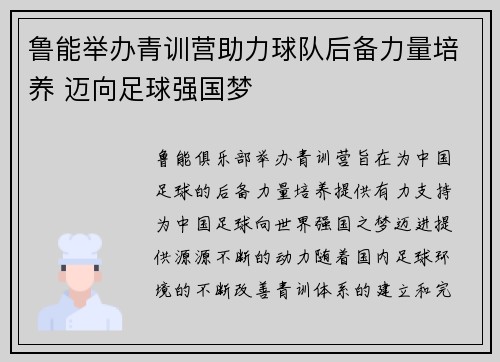 鲁能举办青训营助力球队后备力量培养 迈向足球强国梦
