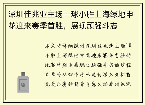 深圳佳兆业主场一球小胜上海绿地申花迎来赛季首胜，展现顽强斗志